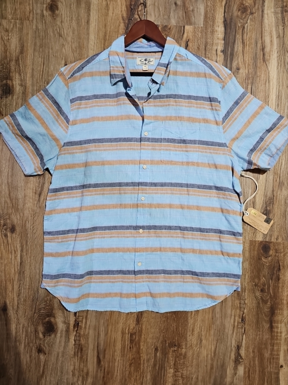 True Grit Shirt Mens XXL Blue Striped Linen Cotton Short Sleeve Button Up Beach